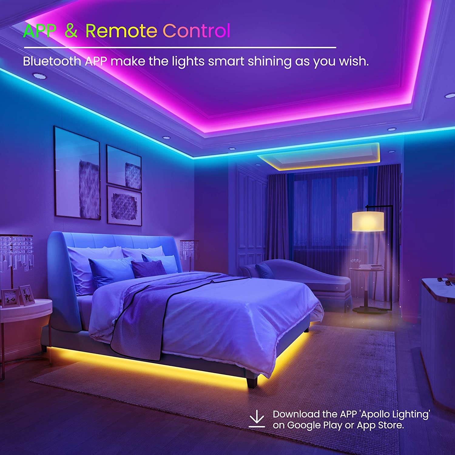 50 FT LED Strip Lights,Bluetooth LED Lights, Color Changing Light Strip with Music Sync, Phone Controller and IR Remote(App+Remote +Mic).