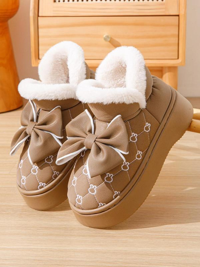 Women's Plush Snow Boots with Bow Detail, Casual Thick Sole Ankle Boots for Indoor and Outdoor Wear in Fall and Winter