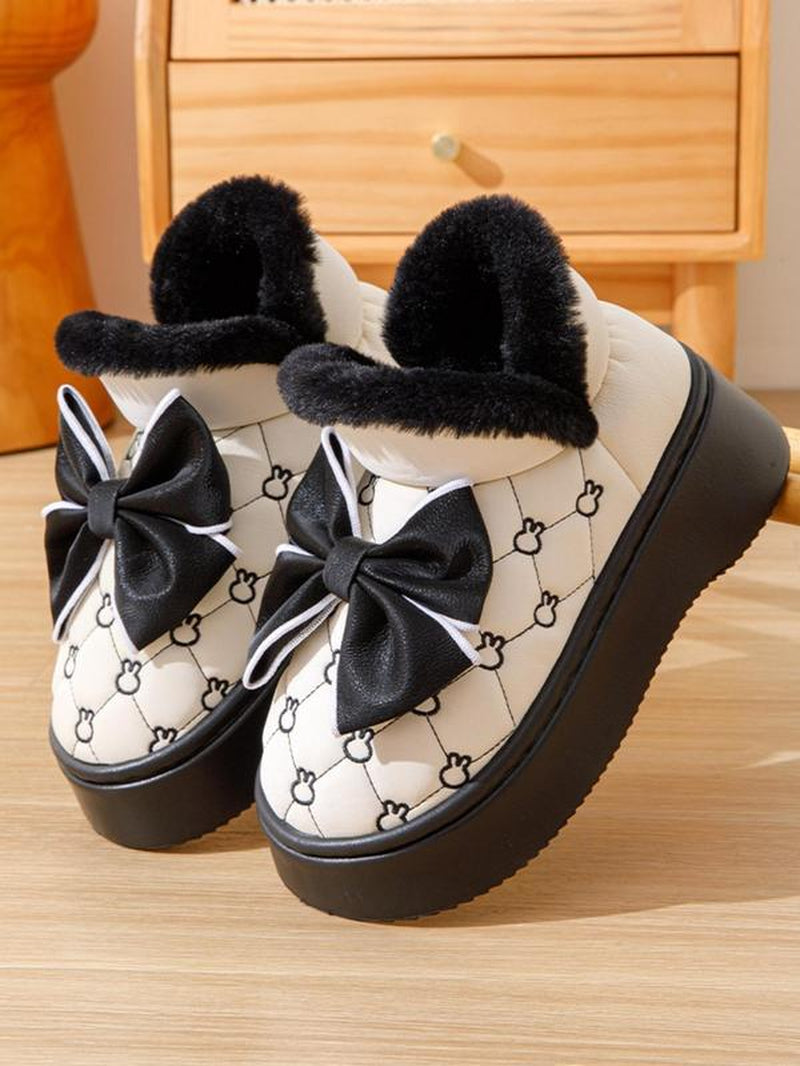 Women's Plush Snow Boots with Bow Detail, Casual Thick Sole Ankle Boots for Indoor and Outdoor Wear in Fall and Winter