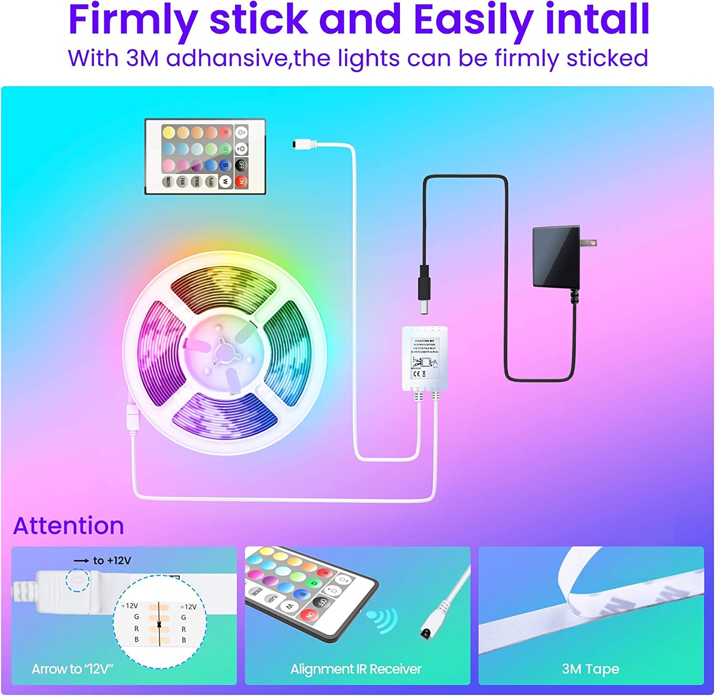 50 FT LED Strip Lights,Bluetooth LED Lights, Color Changing Light Strip with Music Sync, Phone Controller and IR Remote(App+Remote +Mic).