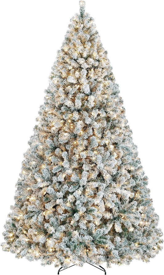 9Ft Pre-Lit Artificial Christmas Tree with Warm White Lights, Snow Flocked Full lighted Xmas Tree with 2084 Branch Tips, 900 Incandescent Lights & Foldable Stand, White