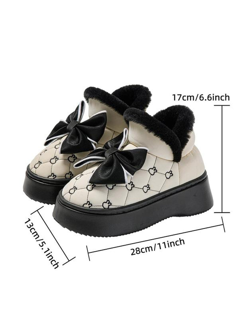 Women's Plush Snow Boots with Bow Detail, Casual Thick Sole Ankle Boots for Indoor and Outdoor Wear in Fall and Winter