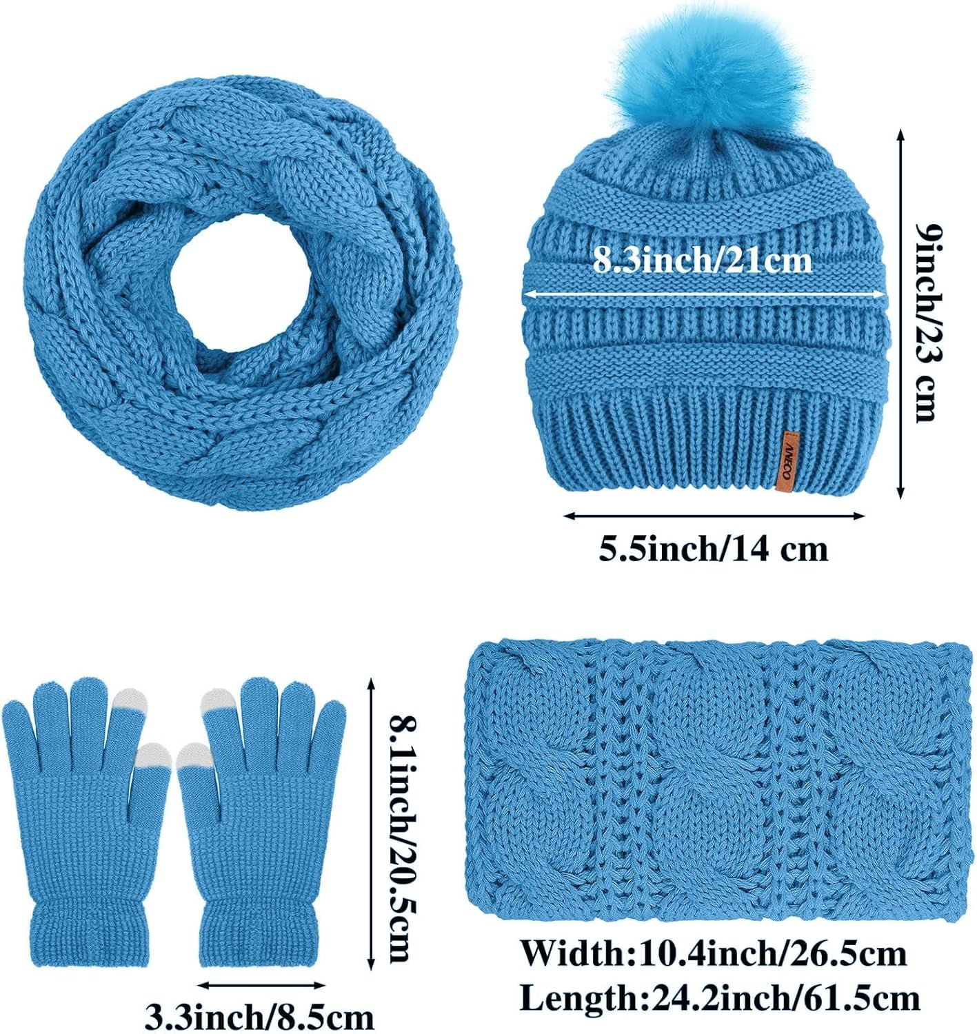 Winter Set Warm Knitted Fur Beanie, Scarf, Touch Screen Gloves Winter Favor Accessories