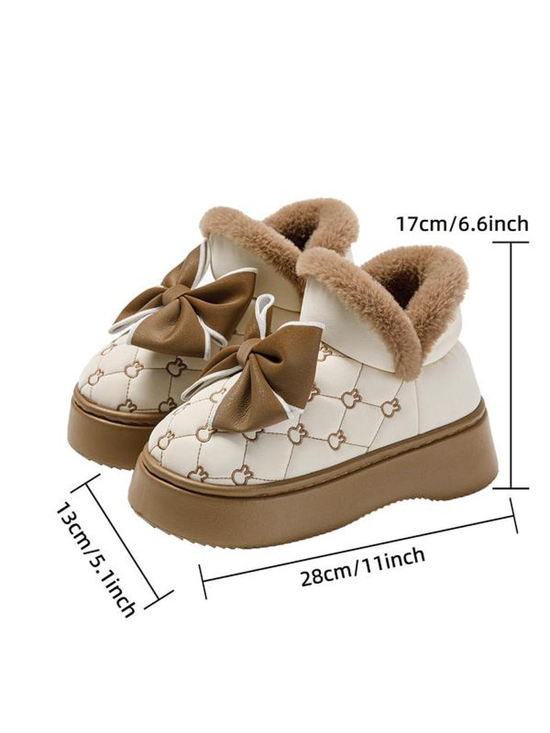 Women's Plush Snow Boots with Bow Detail, Casual Thick Sole Ankle Boots for Indoor and Outdoor Wear in Fall and Winter