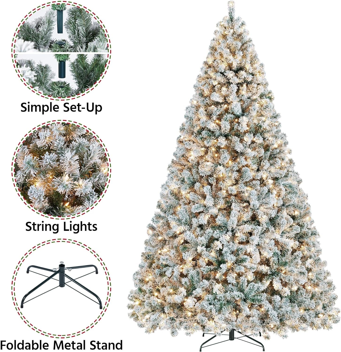 9Ft Pre-Lit Artificial Christmas Tree with Warm White Lights, Snow Flocked Full lighted Xmas Tree with 2084 Branch Tips, 900 Incandescent Lights & Foldable Stand, White