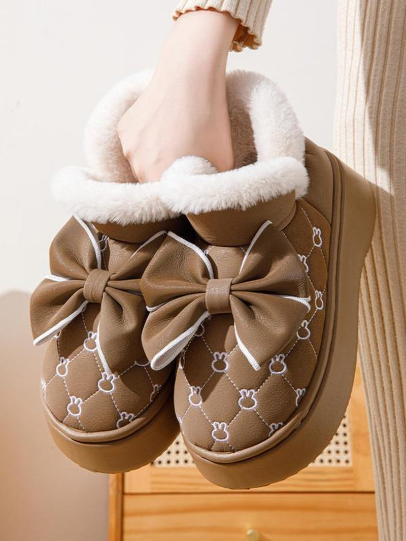 Women's Plush Snow Boots with Bow Detail, Casual Thick Sole Ankle Boots for Indoor and Outdoor Wear in Fall and Winter