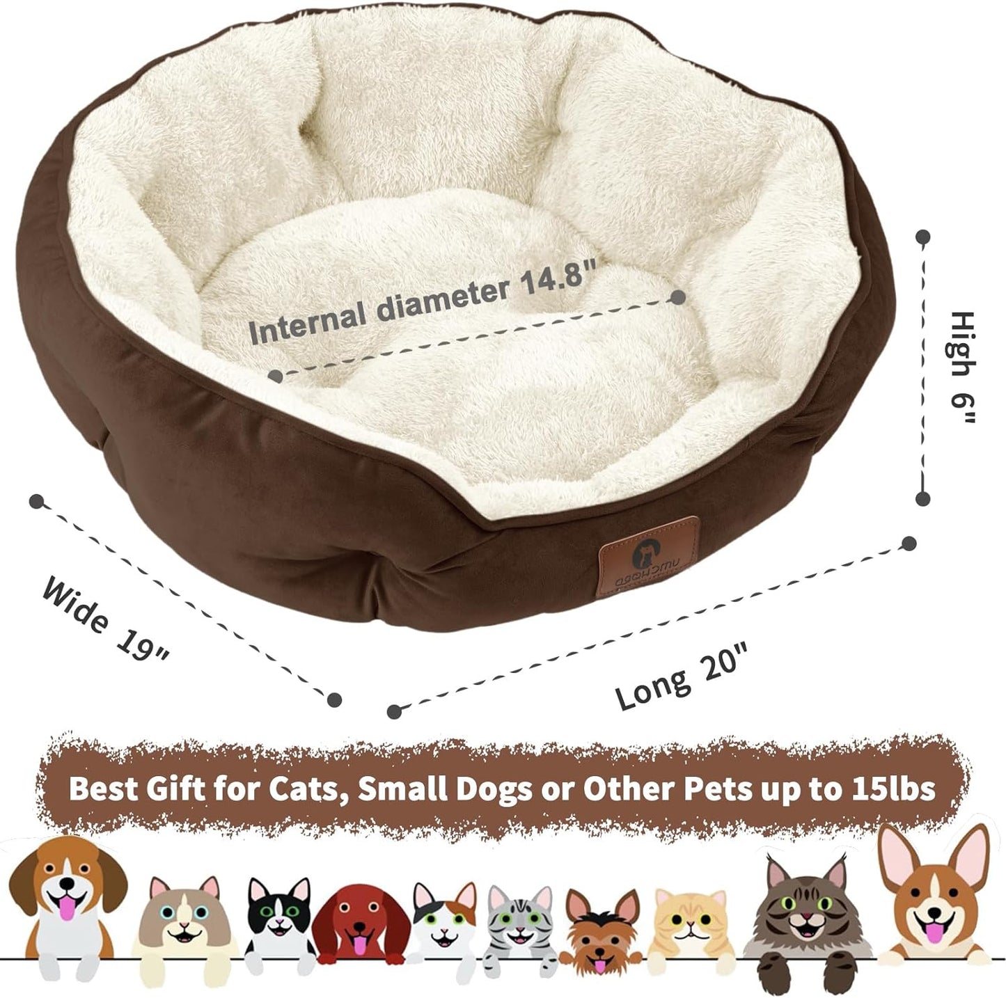 Small pet Bed for Small Dogs, Cat Beds for Indoor Cats, Pet Bed for Puppy and Kitty, Extra Soft & Machine Washable with Anti-Slip & Water-Resistant Oxford Bottom, Brown, 20 Inches