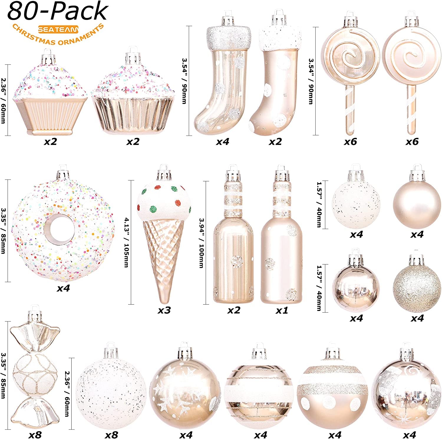 80-Pack Assorted Shatterproof Christmas Ornament's for Xmas Tree (Champagne)