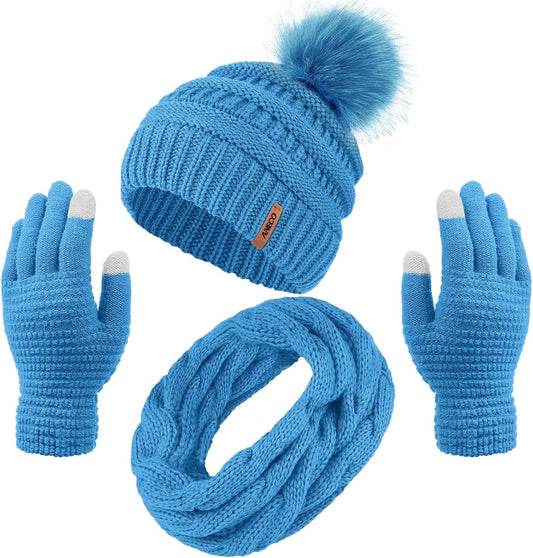 Winter Set Warm Knitted Fur Beanie, Scarf, Touch Screen Gloves Winter Favor Accessories