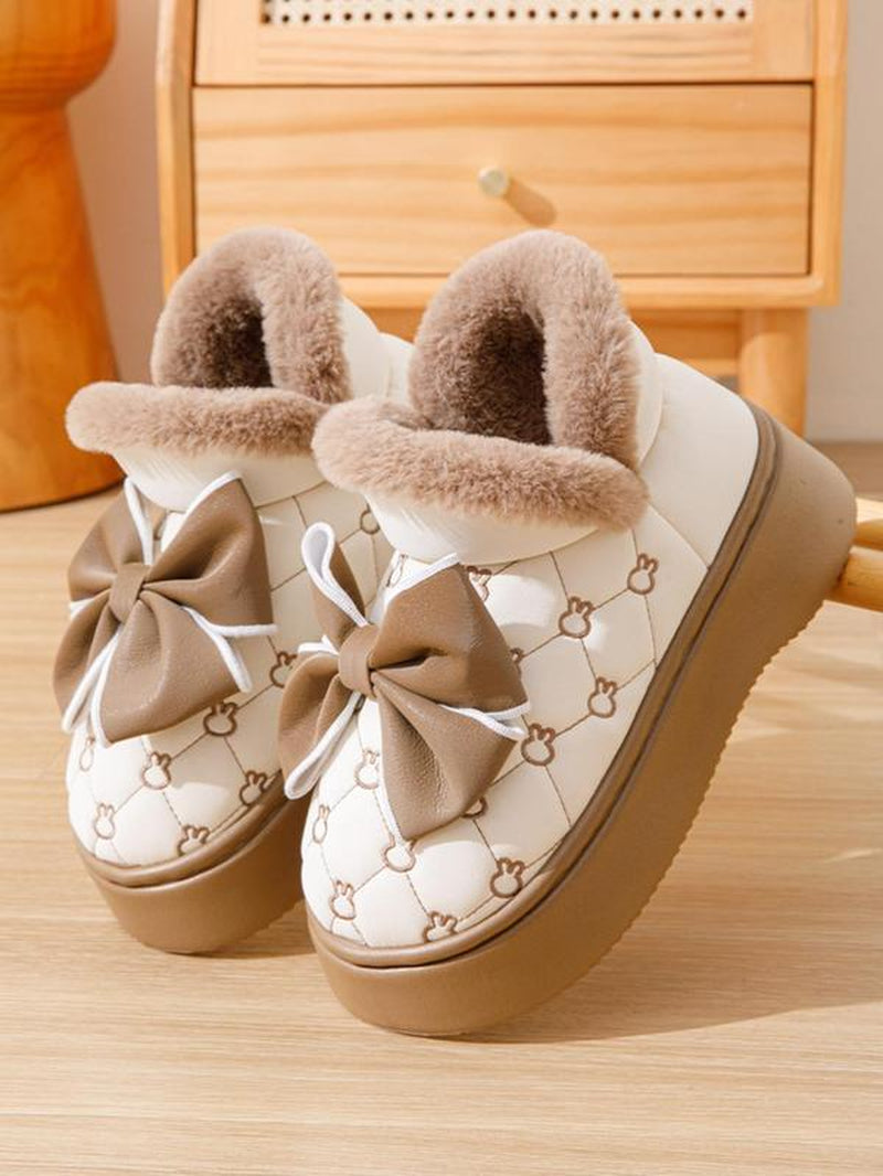 Women's Plush Snow Boots with Bow Detail, Casual Thick Sole Ankle Boots for Indoor and Outdoor Wear in Fall and Winter